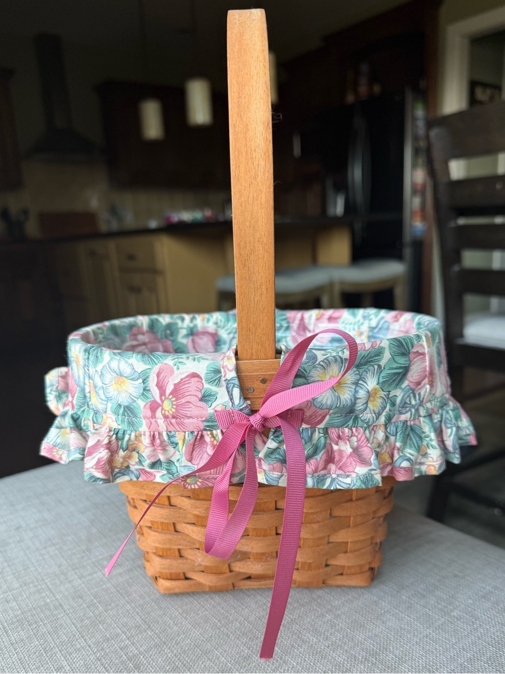 1993 Longaberger Mother’s Day Basket Set Woven Wood w/ Floral Liner & Protector